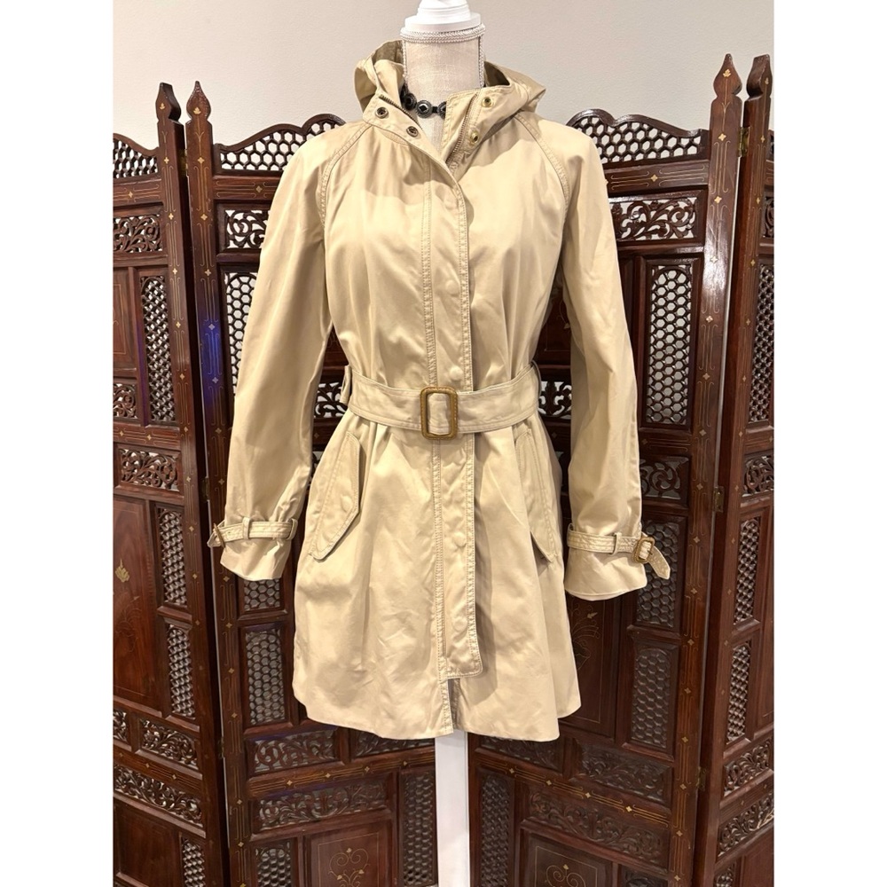 J. CREW WMN M HOODED TRENCH COAT TAN KHAKI COTTON BELT POCKETS ZIP UP SNAPS $348